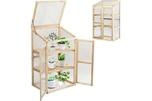 RELAX4LIFE 3-stufiges hölzernes Frühbeet, Anzuchthaus für Blumentöpfe, Gewächshaus mit Polycarbonat-Platten & Deckel, Hochbeet Transparent, 60 x 45 x 100 cm, Treibhaus für Garten & Balkon & Veranda