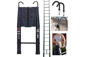 AUTOFU 6.2M/20.35ft Aluminium Extension Telescopic Ladder Multi-Purpose Foldable Ladders and Roof Hook Portable Space-Saving EN 131 Certificate Max Load 150kg/330lb for Attic Loft - Black