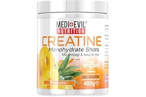Medi-Evil Nutrition Creatine Monohydrate Shots Powder Vegan Friendly, Pineapple Flavour, 400g, 80 Servings, Micronised for Easy Mixing (Pack of 1 Tub)