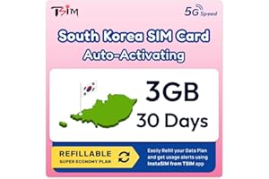 TSIM Corea del Sur Tarjeta SIM | Plan Recargable Súper Económico de 3 GB | Activación automática con una validez de 30 días | Velocidad 5G/4G | Hotspot Permitido | Solo Datos, sin número de teléfono.
