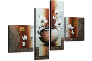 Wieco Art - Large Size Decorative Elegant Flowers 4 Panels 100% Hand Painted Modern Contemporary Artwork Floral Oil Paintings on Canvas Wall Art for Home Decorations Wall Decor L