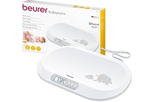 Beurer BY 90 babyvåg med gratis app (iOS + Android) integrerat måttband, 20 kg lastkapacitet och hållfunktion för trampande spädbarn
