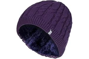 HEAT HOLDERS - Ladies Crochet Knit Style Fleece Lined Warm Thermal Winter Beanie Hat