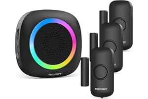 TECKNET Wireless Door Open Sensor Alarm Chime, 1000ft Operating Range 60 Chimes Volume with Mute Mode RGB Indicators 1 Plug-in Receiver and 3 Magnetic Door Alarm Sensor for Home Store Security-Black