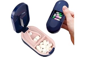 NOKWOCY 2-in-1 Pillenschneider für kleine Pillen mit Spender - Tragbarer Tablettenschneider für kleine Pillen mit Edelstahlklinge - Schneidet Pillen, Vitamine, Tabletten (blau)