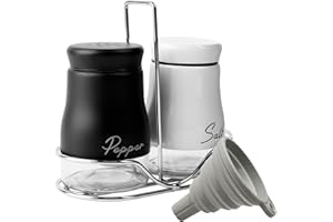 Fyfjur Set di 2 spargisale e pepe, con supporto e imbuto in silicone, in acciaio inox e vetro, per spezie