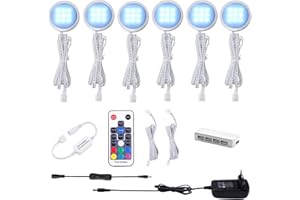 AIBOO Cocina LED RGB debajo de la lámpara del gabinete con control remoto inalámbrico RF, Iluminación empotrada ultradelgada redonda para armario, Luces LED RGB para escaparate 12V 12W(Paquete de 6)