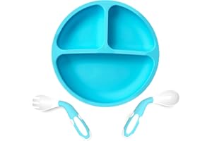 RHSHANLICUN Assiette bébé avec ventouse,Assiette enfant en silicone avec cuillère fourchette sans BPA,Assiette enfant antidérapante Toddler avec séparateur,Set de vaisselle enfant pour (Bleu)