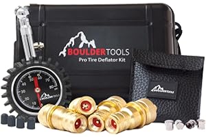 Boulder Tools Heavy Duty Rapid Tire Deflator & Molle Pouch - Precision Release Button Air Down Offroad Kit - Glows in Dark, Bonus: Valve Caps, Cores, Repair Tool | Quickly Deflate 4x4 Off Road Tires