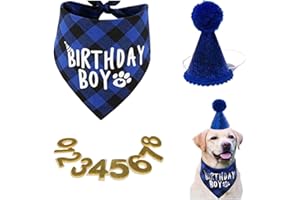 WUSJCOF Lot de 3 Accessoires d'anniversaire pour Chien, Bandana et Chapeau d'anniversaire avec 8 Chiffres Brillants, Cadeau et Décoration pour Anniversaire de Chien (Bleu)