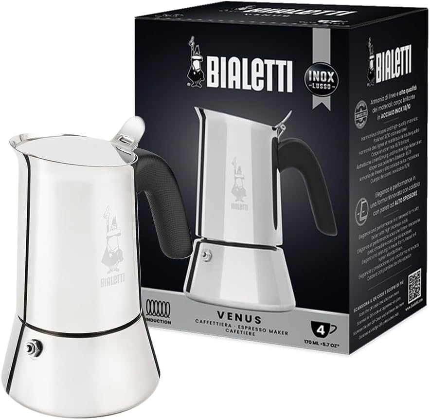 Bialetti - Venus: 4 Cups Ocak Üstü Espresso Pişirici - 170ml - Gümüş Renk - Paslanmaz Çelik Gövde - Patentli Güvenlik Valfi - Tüm Ocak Türleri İçin Uygundur (İndüksiyon Dahil)