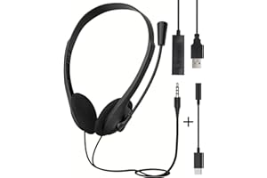 STFMHEZ USB Headset for PC Laptop Phone, 3.5mm / USB / Type-C Jack 3-In-1 Wired Headphones with Noise Cancelling Mic & Audio Controls, Adjustable Headband Headset for Call Centers, Home Office, Online Chat