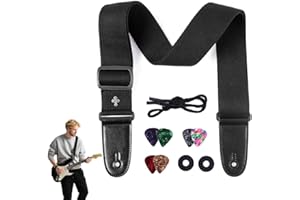 AzureRay Gitarrengurt für E-Gitarre & Akustikgitarre, Adjustable Guitar Strap 5 cm Breit, Baumwolle mit PU-Lederenden, Universeller Gitarrengurt E-Gitarre Bass, Schwarz