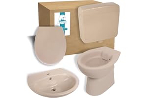 Calmwaters® Spülrandloses Stand-WC und Waschbecken 60 cm im Set mit Spülkasten und Toilettendeckel in Beige-Bahamabeige, aus Keramik und Kunststoff, Tiefspüler, Absenkautomatik, Spül-Stopp, 99000193