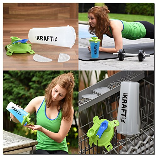 KRAFTSTOFF – DUAL SHAKER, 2 Kammern Shaker, Eiweiß SHAKER FÜR 2 RATIONEN / ZWEI SHAKER IN EINEM – 700 ml – 350 ml pro Seite / Protein Shaker für Damen und Herren / Der perfekte Fitness Shaker, Ideal als Smoothie Trinkbecher, Eiweiss Shaker, Shaker Flasche - 4