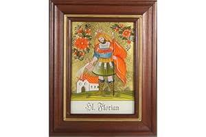 Hinterglaswerkstätten - Back Glass Picture/Patronage Picture Saint Florian with Brown Stained Wooden Frame Hand Painted with Legend of the Saint on the Back of the Image Approx. W: 12.5 x H: 16 cm