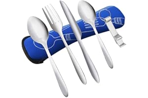 KBNIAN Set de Cubiertos para Llevar, 6 pcs Cubiertos de Acero Inoxidable para Camping Cubiertos para Acampada Cubiertos Portatiles con Bolsa Cucharas Tenedor Cortador y Abrebotella para Acampar Picnic