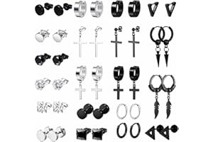 VELESAY 20 Pairs Stainless Steel Punk Hoop Earrings for Men Women Small Kpop Huggie Earrings Gothic Hoop Black Earrings Round Zirconia Cross Hoop Earrings Huggie Earring Stud Earrings Silver Black