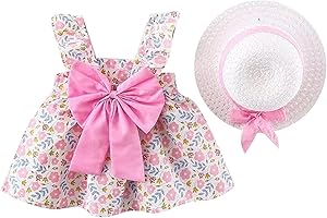 Wifgmjy Summer Dress Toddler Baby Girl Sundress with Sun Hat Cotton Princess Dress Sleeveless Sweet Floral Beach Sun Straw Hat Vacation A-Line Photography Baby Sundress