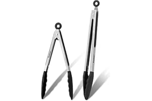 Anaeat Non-Stick Silicone Locking Tong Set of 2 - Stainless Steel 9" and 12" Kitchen Food Tongs with Non-Slip Silicone Tips and Grip for Cooking, Baking and BBQ - Heavy Duty & Heat Resistant (Black)