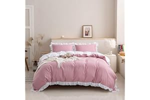 HOMEWISH Set di 2 copripiumini rosa da 155 x 220 cm, per bambini e bambine, con volant bianchi, stile shabby chic, leggero, reversibile, per donne adulte, camera da letto, soggiorno, decorazione