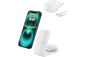 ‎BELKIN Belkin UltraCharge Qi2 25W Ładowarka Bezprzewodowa 2 W 1, Kompatybilna z MagSafe, Stacja Ładująca do IPhone 16, AirPods, Pixelsnap, Rozkładana Podstawka z Portem USB-C i Zasilaczem 45W, Biała