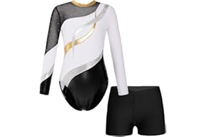 CHICTRY Kids Girls Sparkly Rhinestones Long Sleeve Gymnastics Dance Leotard Bodysuit Biketard Top with Shorts Set Swimwear