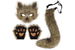 DRESHOW Cola de Zorro de Piel Sintética Peluche Gato de Lobo Máscara Disfraz de Fiesta de Halloween Guantes de la Pata Cosplay Set para Mujeres