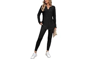 JENJON Femme Ensemble Deux Pièces Leggings à Manches Longues Tricot Côtelé Survêtement Col en V Tenue de Loisirs Sport Automne Hiver