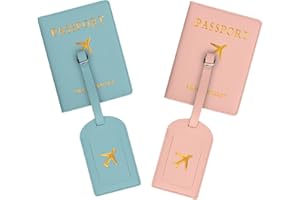 Chstarina 2pcs Étiquette Bagage et 2pcs Couvertures de Passeport, Protège Passeport en Cuir, Étiquettes Valise Voyage, Pochette Passeport et Identifier Luggage Tags (Rose+Bleu)