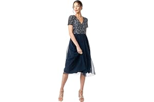 Maya Deluxe Embellished Midi Evening Dress Women Ladies V Neckline with Short Sleeve For Prom Wedding Vestido de Dama de Honor para Mujer