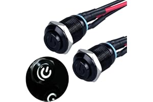 JIQI 2× 12mm Momentane wasserdichte Druckschalter 12V bis 24V 2A IP66 Taster mit LED Beleuchtung Schwarzes Metallgehäuse Momentary Drucktaster mit Verbindungsverdrähten für Motorrad(hoher Kopf,Weiß)