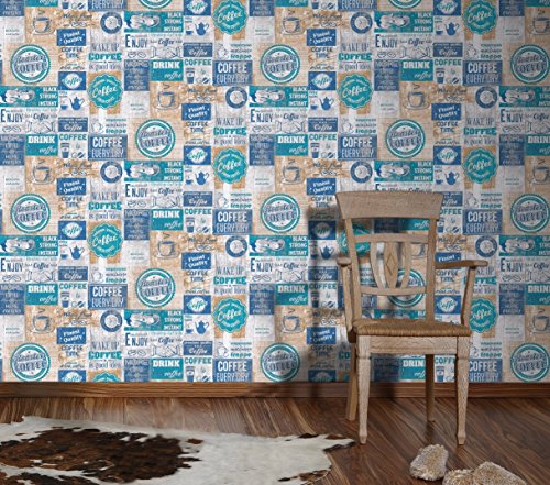 Papier Küchen Tapete Kaffe Coffee Cafe weiß grau blau türkis 33480-4 - 3