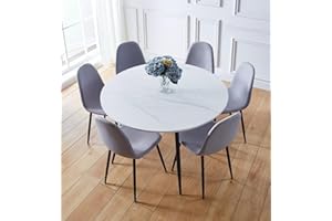 Hallowood Furniture Cullompton Large Dining Table and Chairs Set 6, White Marble Effect Round Dining Table, Kitchen Table (120cm) and Grey Chairs, Dining Room Sets for Home and Cafe