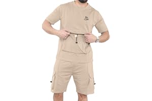 WJL WHISPERING JONES LONDON Mens Cargo Fleece Shorts Set T-Shirt Top Bottom Stretch Pockets Gym Lounge Tracksuit Sport S-XXL