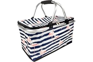 KINGMATE Cestas de la Compra, Cesta Térmica, Cesta de Picnic Plegable con Tapa, Patrón de Flamenco, 30L