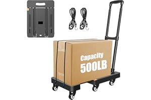 ISWEES Folding Hand Truck, 6 Wheels Fold Up Hand Cart with 2 Elastic Ropes, Portable 200KG Capacity Heavy Duty Luggage Cart, Shopping Trolley on Wheels for Car House Office Luggage Moving, Black