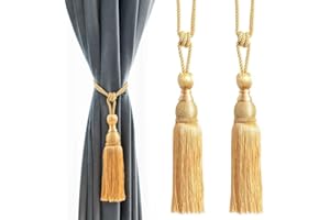 IHCLINK IHC - Fermatenda con Corda e Nappe Realizzato a Mano, Fermaglio per Tende con Frange e Palle - Set da 2 Pezzi Gold