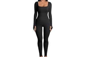 Sunfanrtnn Women Ribbed Knit Yoga Bodycon Jumpsuits Long Sleeve Square Neck Jumpsuit Playsuit One Piece Workout Sports Outfits