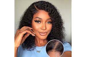 QAVA Glueless Wig Human Hair Curly Bob 4x4 Pre-Cut Lace Wig Human Hair Perruque Femme Naturelle Brésilien Perruque Femme Courte Naturelle 180% Density Perruque Sans Colle Perruque Cheveux Humain 14 Pouces