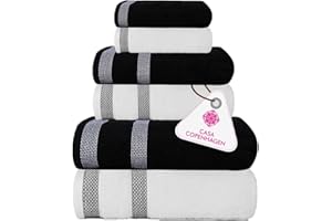 Casa Copenhagen Solitaire Mix Juego de Toallas de 6 Piezas - Negro + Blanco,600 g/m² 2 Toallas de baño, 2 Toallas de Mano, 2 paños de Suave algodón Egipcio para baño, Cocina y Ducha