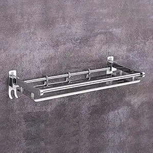 Plantex Elegant Stainless Steel Multipurpose Folding Bathroom Shelf Rack for Wall/Towel Rack with Towel Hooks/Bathroom Accessories(Chrome Finish)