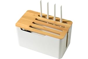 BUACHOIS Scatola di Gestione dei Cavi,Scatola Portacavi,Organizer per Scatola di Gestione dei Cavi, Scatola Organizer a Corda con Coperchio in Legno,per Cavi TV, Computer, Router, Hub USB
