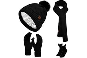 HESUSLA Winter Hat Scarf Gloves Set for Women 3 in 1 with Socks | Warm Knitted Beanie Pom Pom, Fleece Lined Touchscreen Gloves, Long Cosy Scarf | Ladies Cold Weather Gift Idea