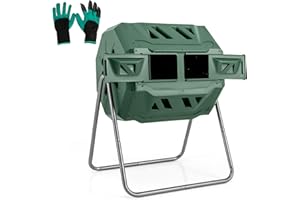 COSTWAY Compostiera da Giardino 160 L, Bidone per Compostaggio a Doppia Vasca con 2 Porte Scorrevoli e Telaio Metallico Robusto, Compostiera Rotante da Esterno a 360°Senza BPA (Verde)