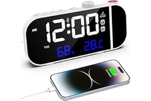 VORRINC Reloj despertador con proyección, radio despertador digital de 15 pulgadas con números grandes/alarmas dobles/repetición/temperatura/humedad/brillo y ajuste de volumen, puerto de carga USB C