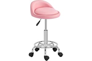 TactFire Tabouret de Bureau,Tabouret Rond avec Dossier,Tabouret à roulettes Rotation à 360°Hauteur Réglable 49-64 cm,Tabouret Coiffeuse,pour Salon de Massage, Bureau,Clinique Rose