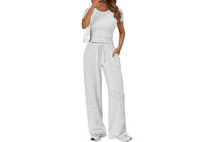 LILLUSORY 2 Piece Lounge Wear Sets for Women UK Casual Elastic Waisted Wide Leg Trouser Co Ord Sets