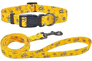 Olahibi Polyester Dog Collar Leash Set, Collar and 150CM Matching Lead for Medium Dogs.(M, Yellow Bee)