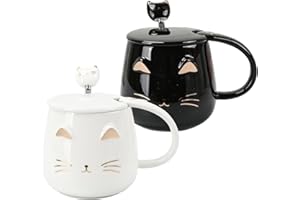 Atoke Lot de 2 Tasses de Chat en Céramique avec couvercle et cuillère,Nouveauté Morning Cup Tasses à café Pour les amoureux des chats Femmes,Cadeau de Noël ou d'anniversaire 400ml